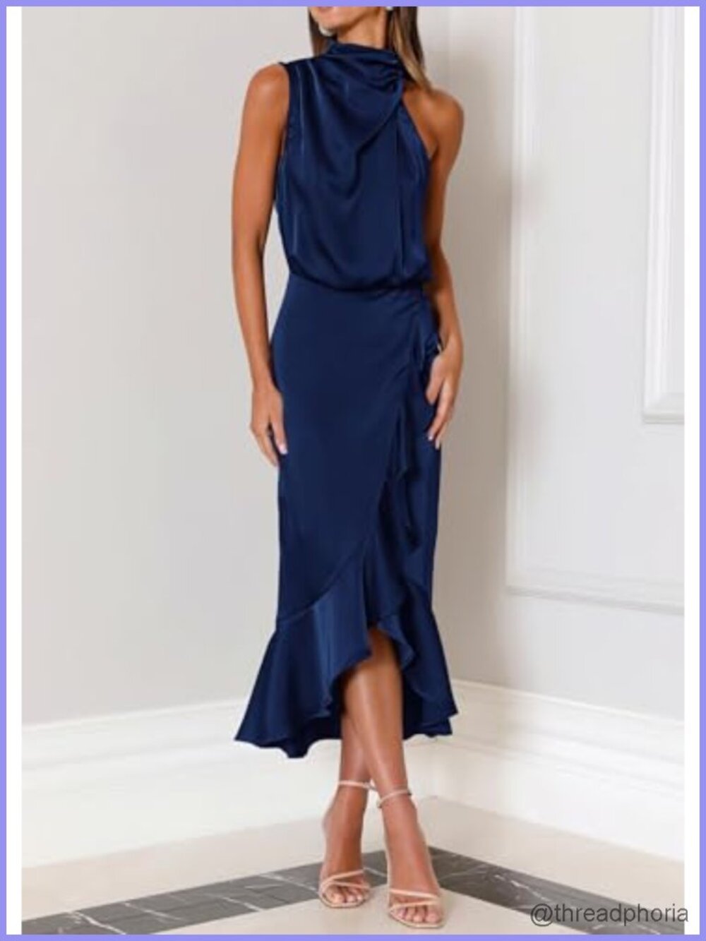 Satin Mock Neck Wrap Midi Dress Sleeveless Wedding Guest Formal - Picture 3 of 6